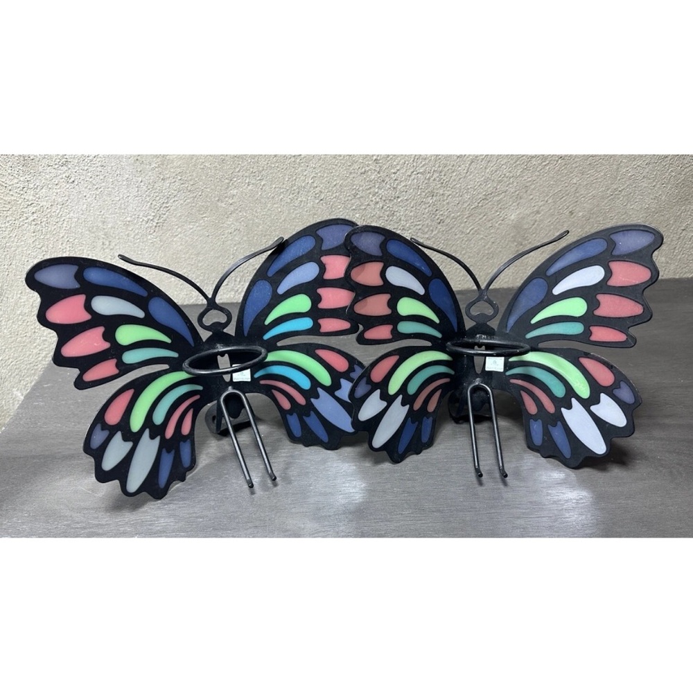PartyLite Butterfly Candle Holder Colorful Black Metal Stained Glass Effect X2